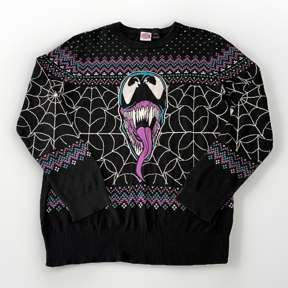 Marvel Venom Sweater Medium Black Multi-Color Spiderweb Hearts Comic‎ Pullover